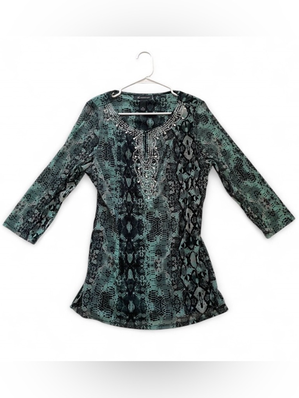 INC Rhinestone Blouse Resortwear Sheer Green Black Snakeskin Tunic Top Beaded